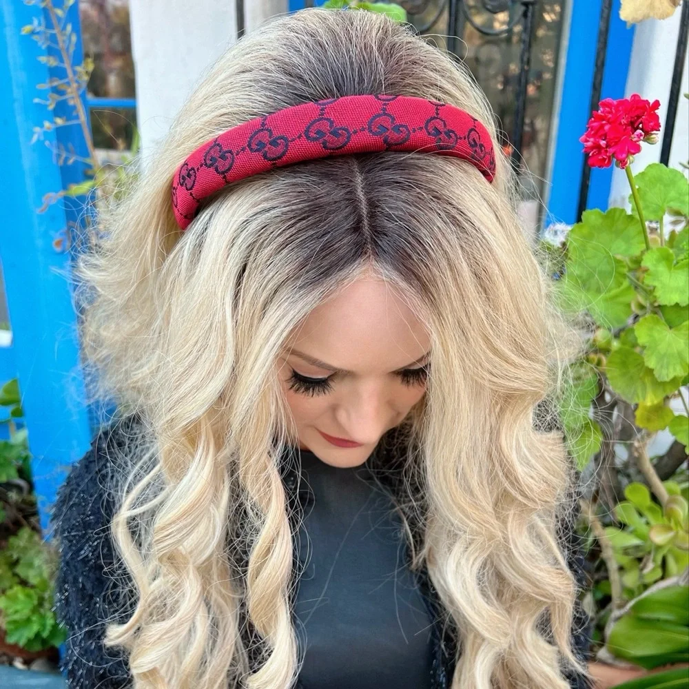 Red Crimson Black Monogram Fabric Soft Daily Wear Neutral Versatile 1" Headband - Picture 3 of 3